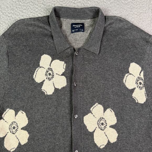 Abercrombie & Fitch Shirt Mens L Gray Sweater Polo Button Collared Floral - Picture 1 of 9